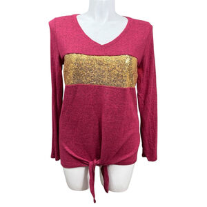 Bibi Sequin Stripe Tie Front Long Sleeve Top Medium Made In USA